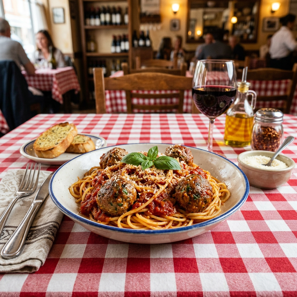 Plate of spaghetti with meatballs, tomato sauce, basil, garlic bread, red wine, and condiments on checkered tablecloth