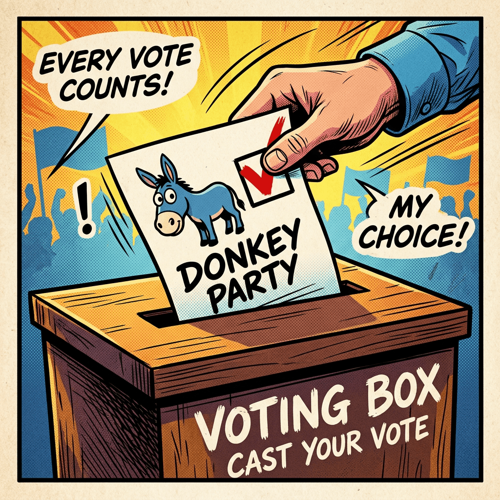 Hand dropping Donkey Party ballot with blue donkey into voting box labeled Cast Your Vote