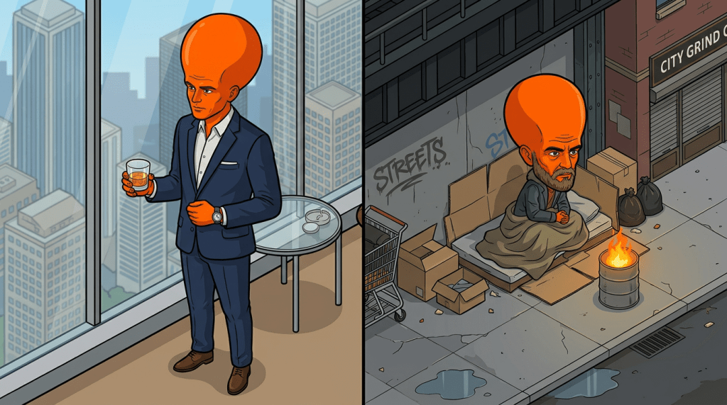 Man in suit with drink in luxury office overlooking city while homeless man warms by fire on street below