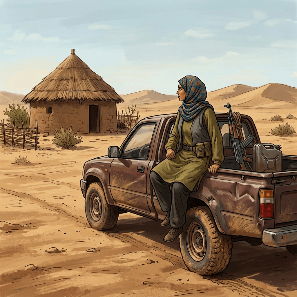 Woman in headscarf sitting on pickup truck holding a rifle in desert landscape