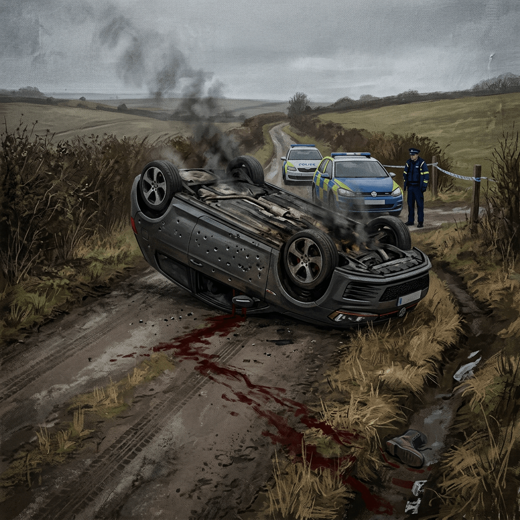Overturned smoking car with blood trail and police officers at rural crash site