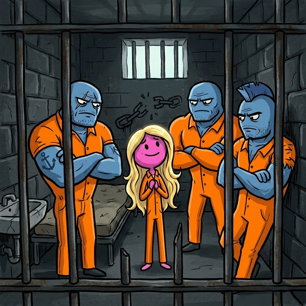 Small pink stick figure standing calmly inside a jail cell with three stern blue muscular men surrounding it