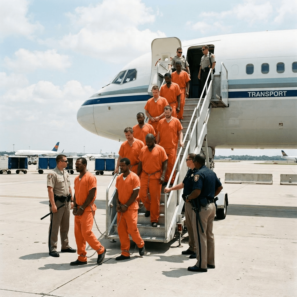 Prisoners in black-and-white striped uniforms escorted by officers down aircraft stairs on airport tarmac