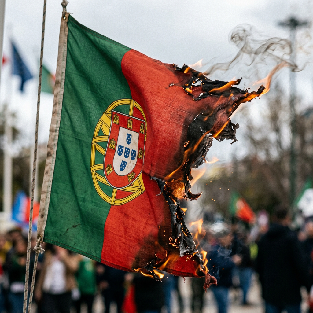 Portuguese flag burning at a protest with flames and smoke