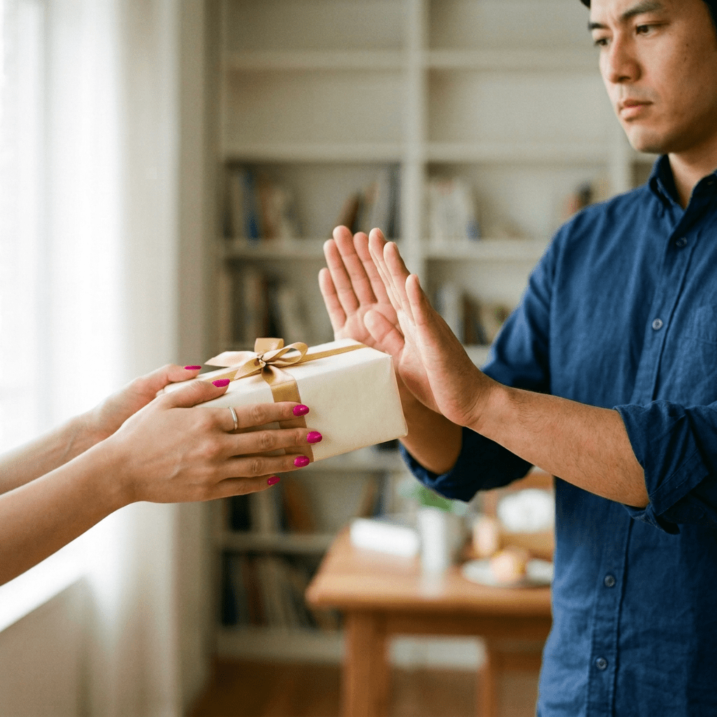 Man raising hands to decline a gift offered by another person