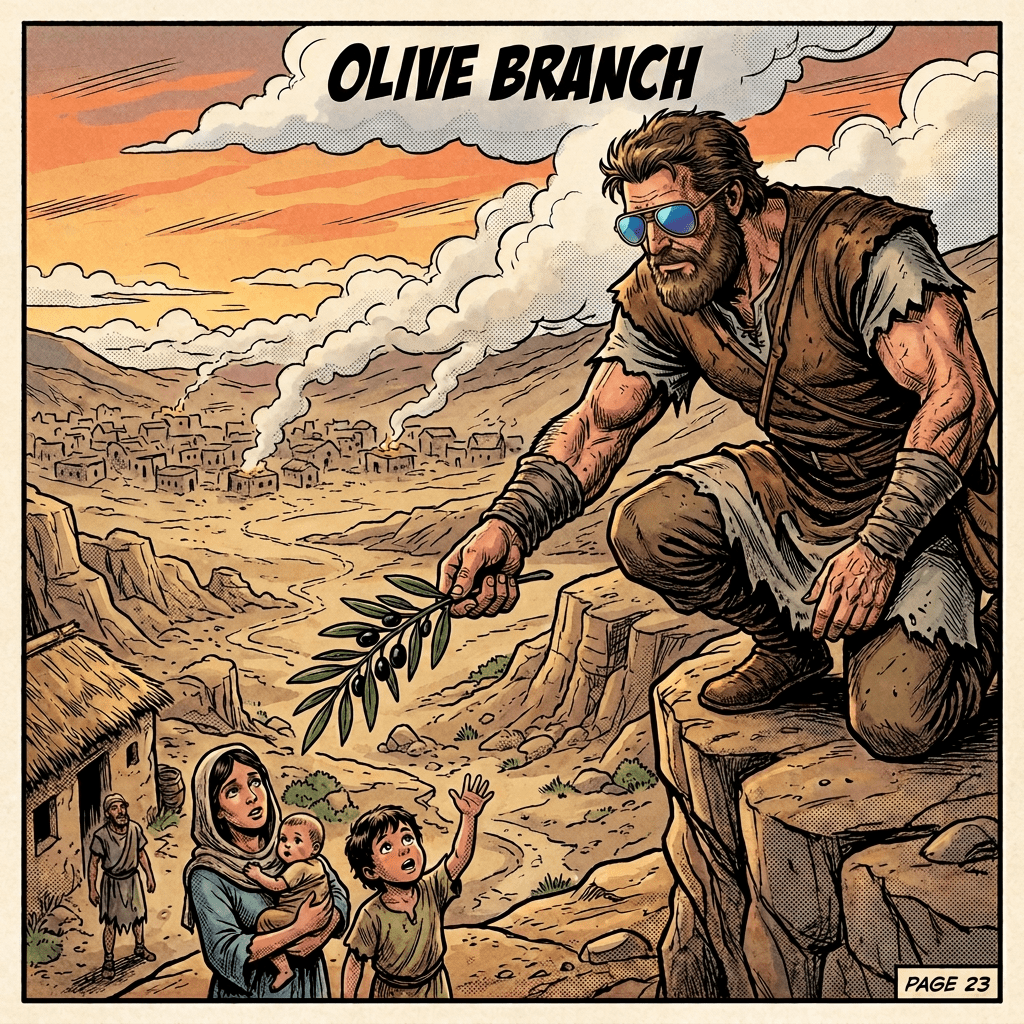 Comic panel reading OLIVE BRANCH and PAGE 23, with man offering olive branch